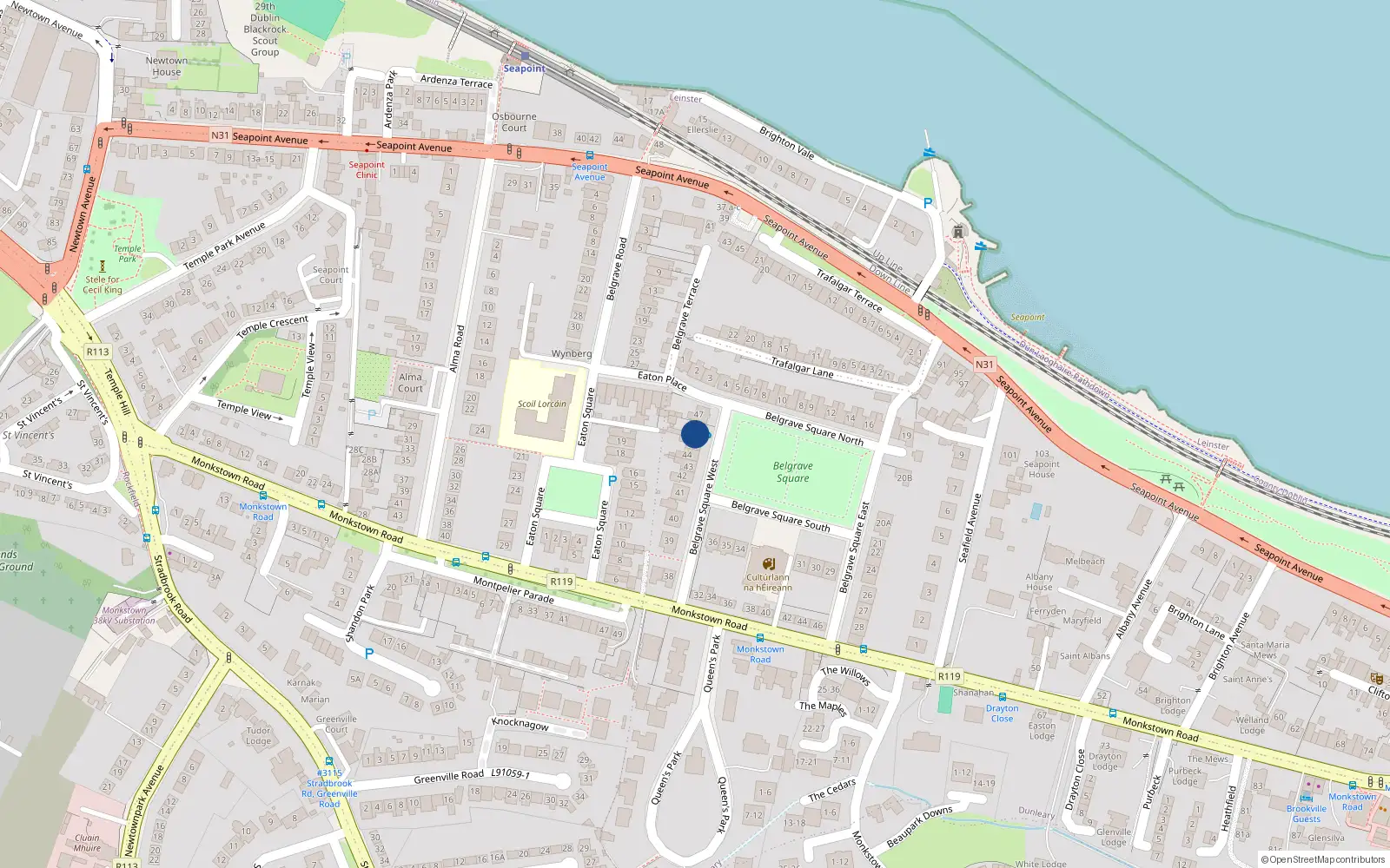 Overhead map showing the location of 46 Belgrave Square West, Monkstown, Dublin