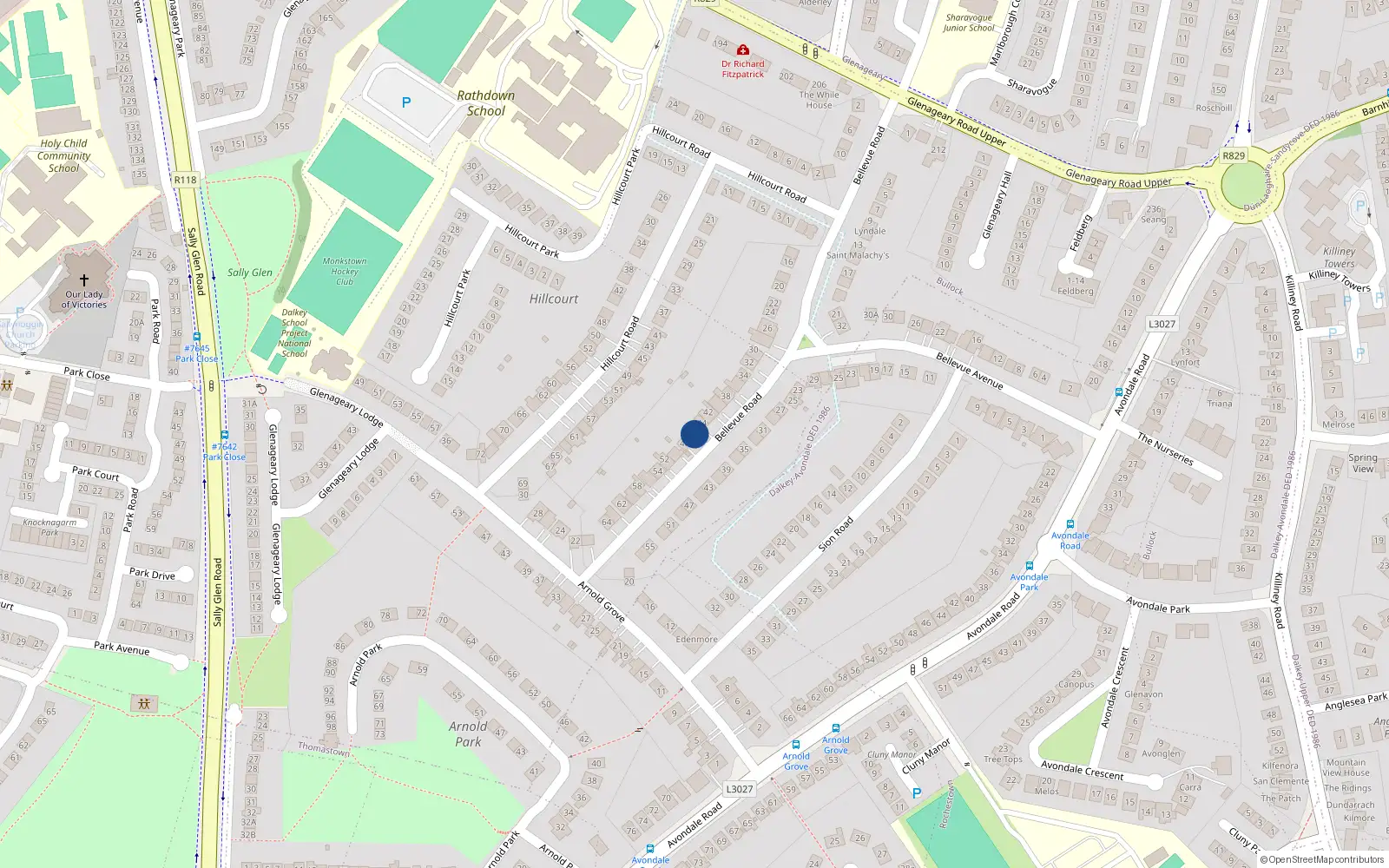 Overhead map showing the location of 46 Bellevue Road, Dublin