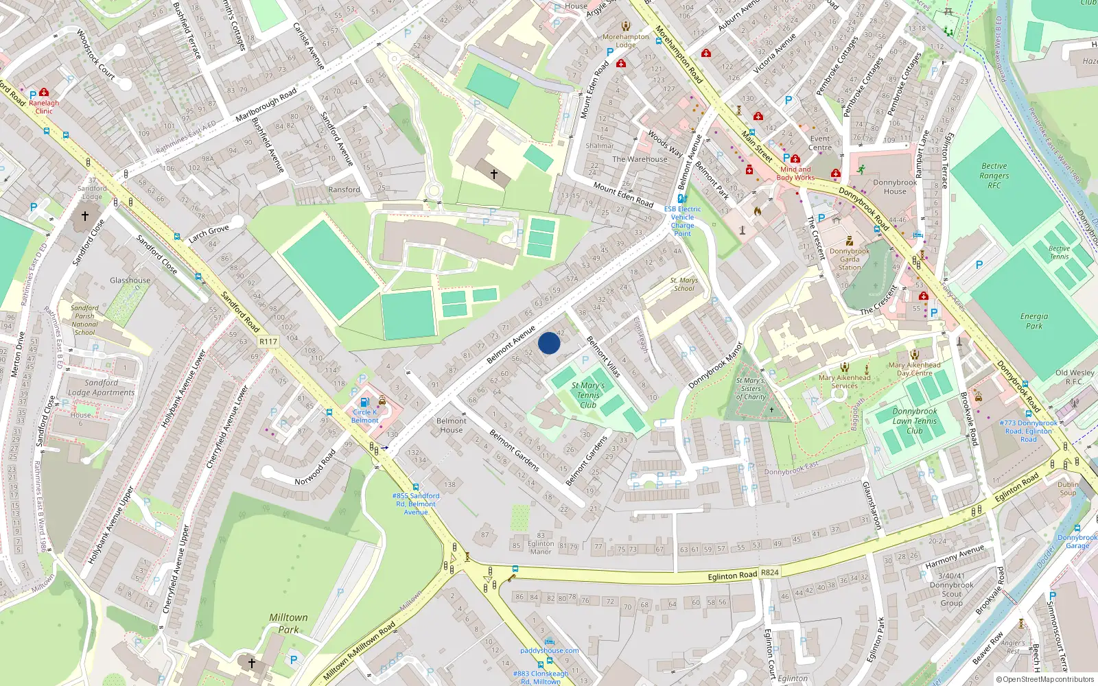 Overhead map showing the location of 46 Belmont Avenue, Donnybrook