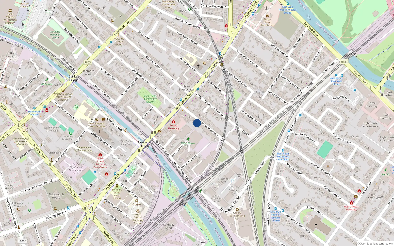 Overhead map showing the location of 46 Bess Borough Avenue, North Strand, Dublin 3
