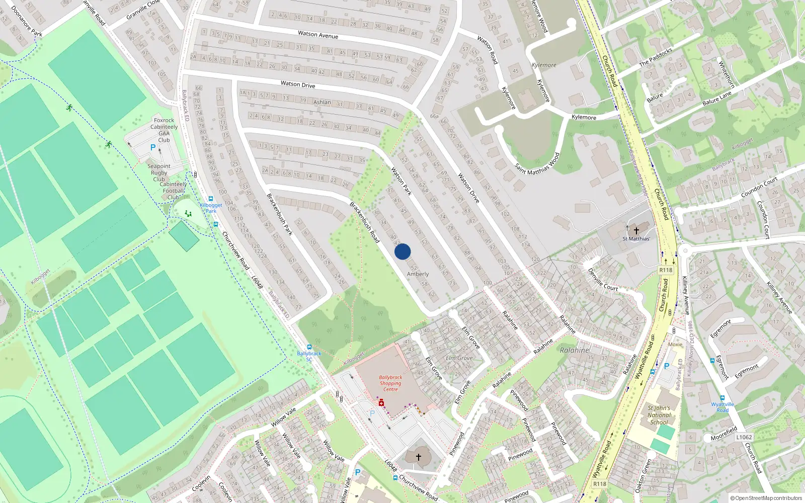 Overhead map showing the location of 46 Brackenbush Road, Killiney