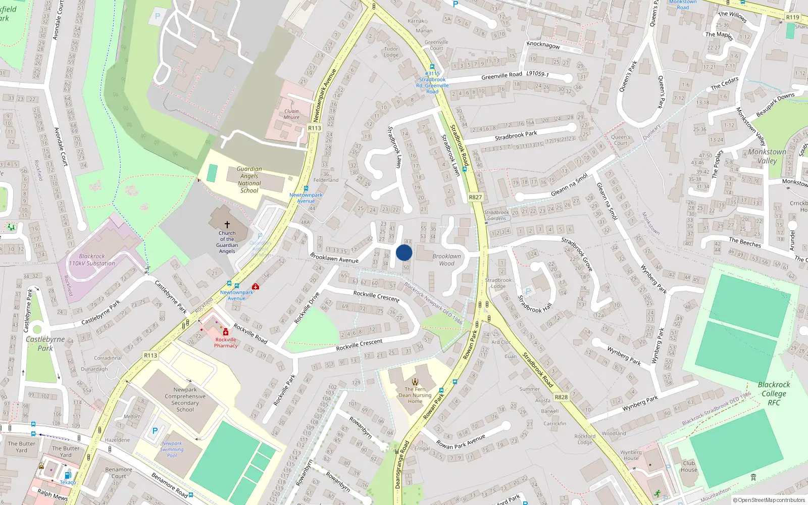 Overhead map showing the location of 46 Brooklawn Avenue, Blackrock, Dublin
