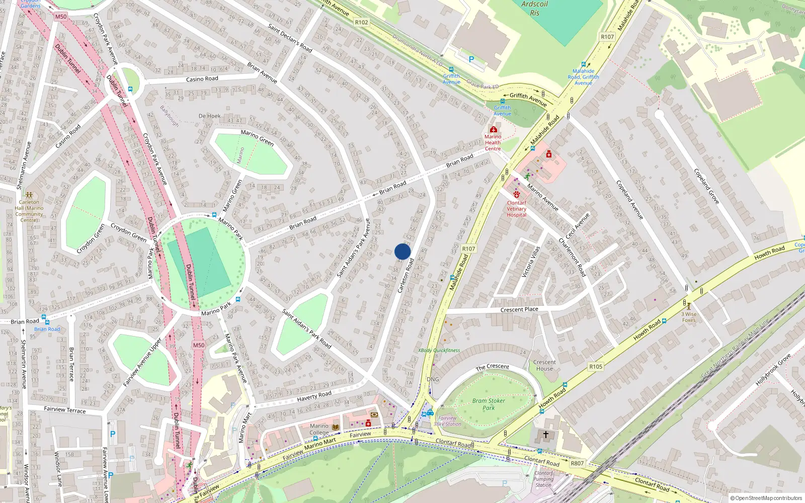 Overhead map showing the location of 46 Carlton Road, Marino, Dublin 3