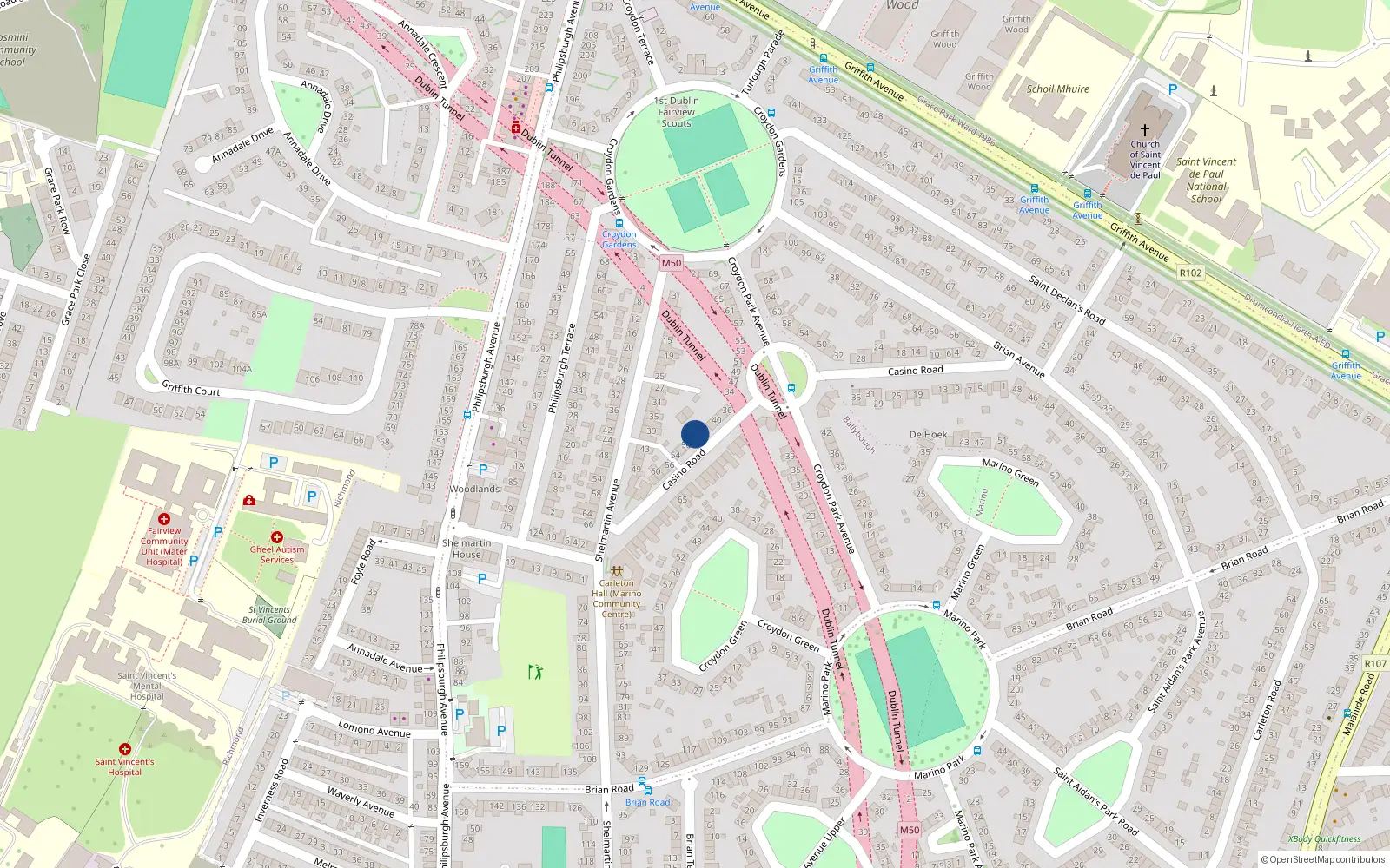 Overhead map showing the location of 46 Casino Road, Dublin 3
