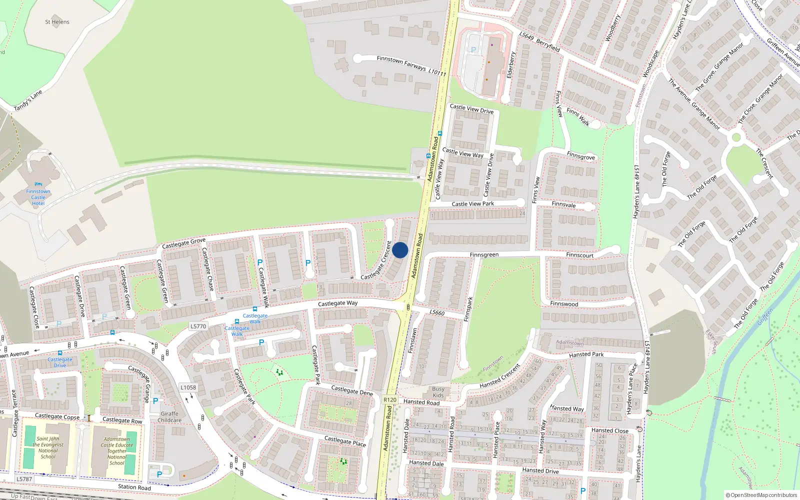 Overhead map showing the location of 46 Castlelane Crescent, Adamstown Castle, Adamstown