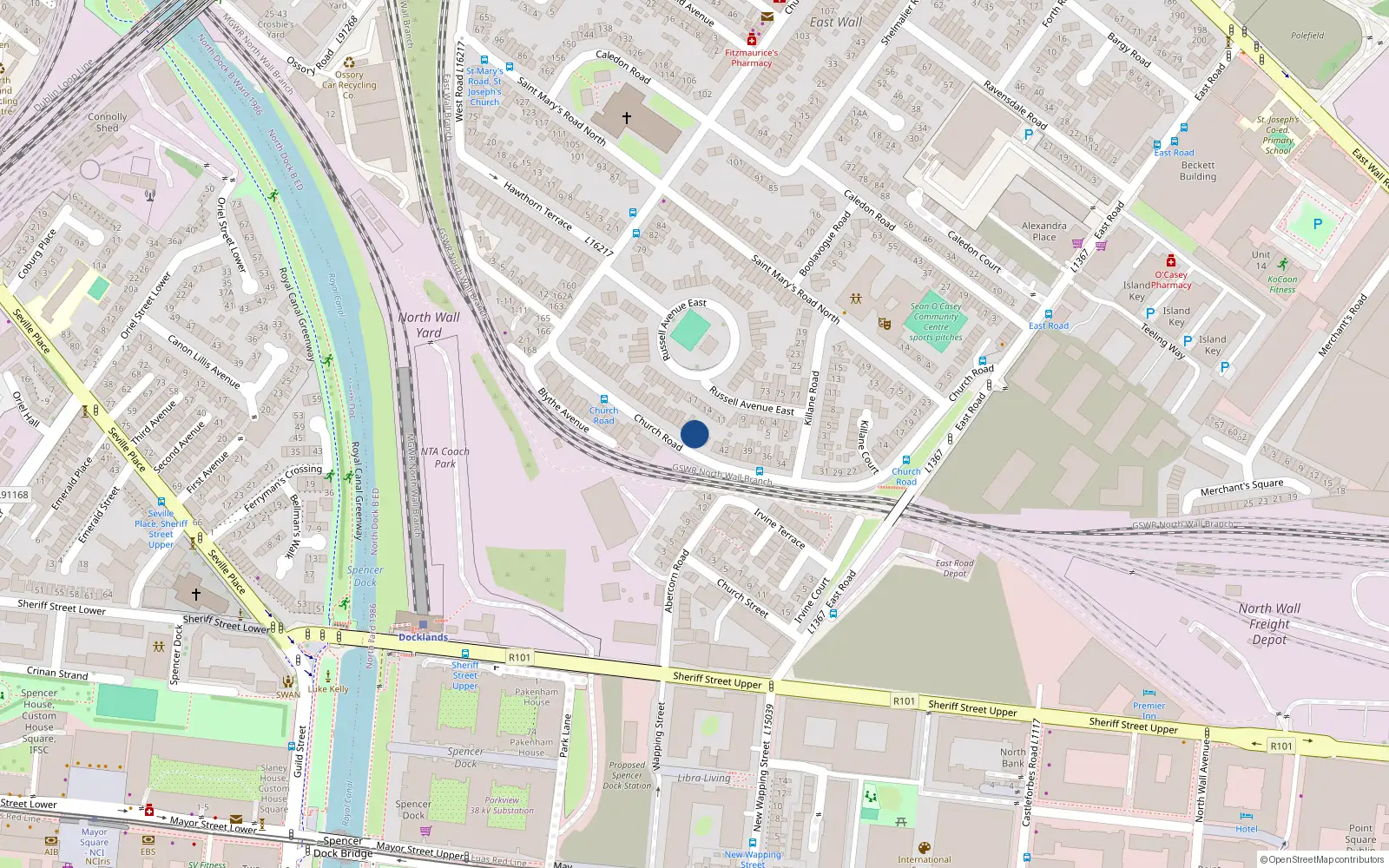 Overhead map showing the location of 46 Church Road, East Wall, Dublin 3