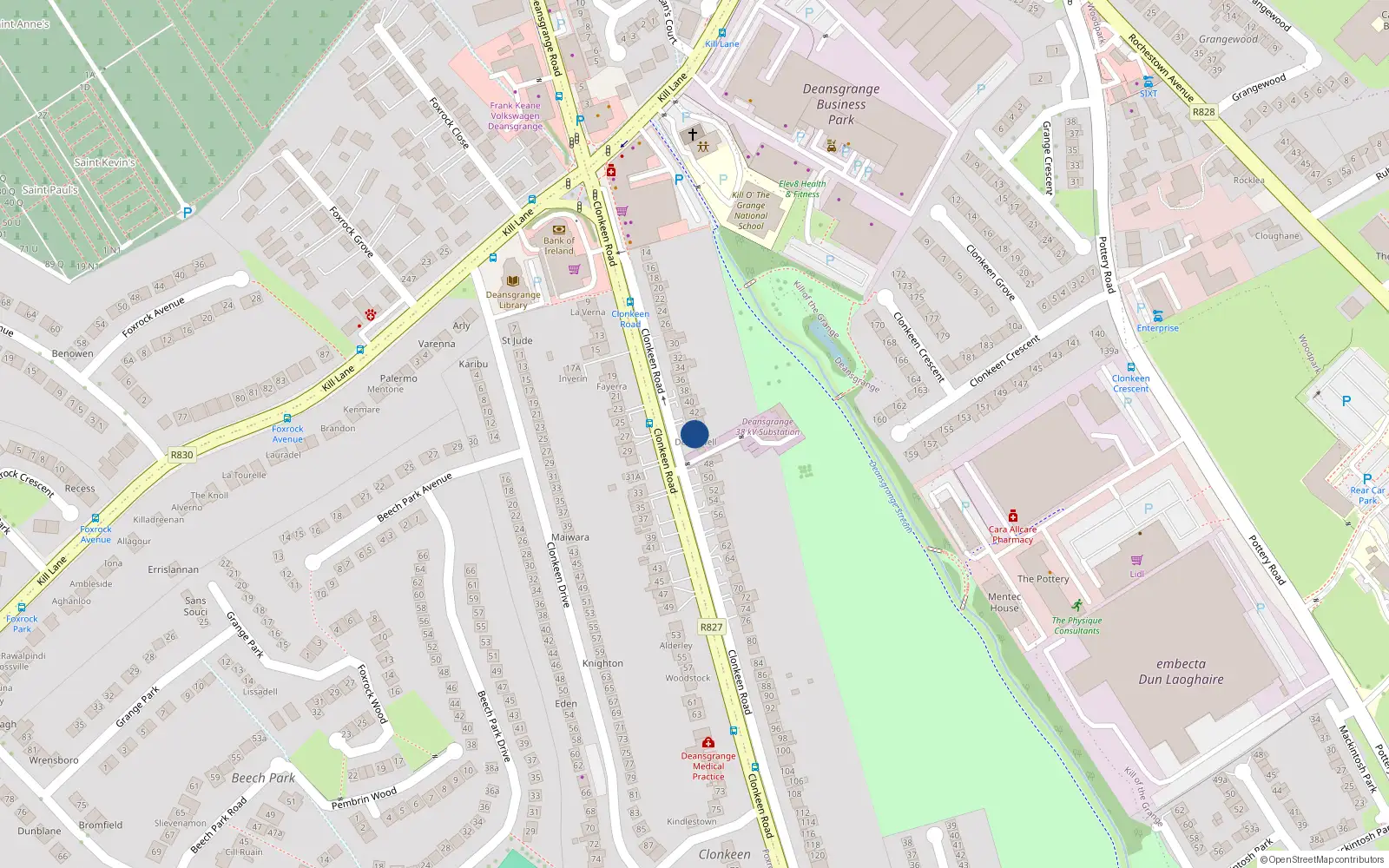Overhead map showing the location of 46 Clonkeen Road, Deansgrange, Blackrock