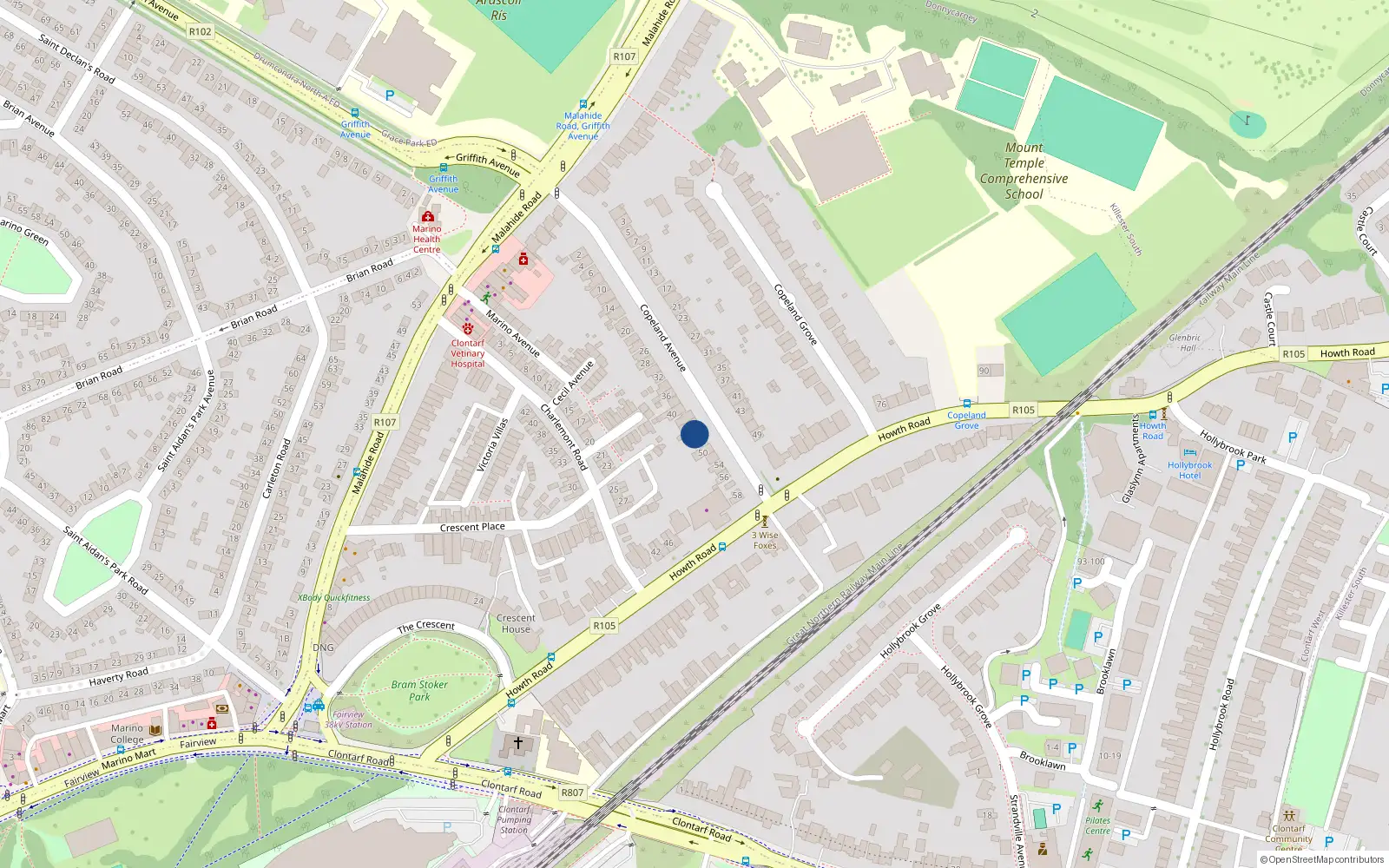 Overhead map showing the location of 46 Copeland Avenue, Clontarf, Dublin 3