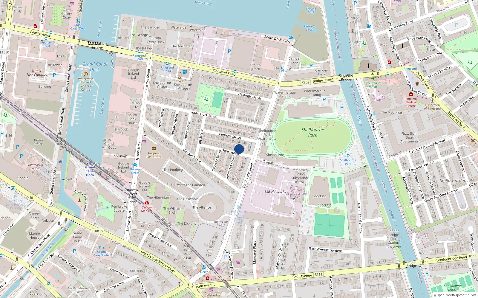 Overhead map showing the location of 46 Doris Street, Ringsend Dublin 4