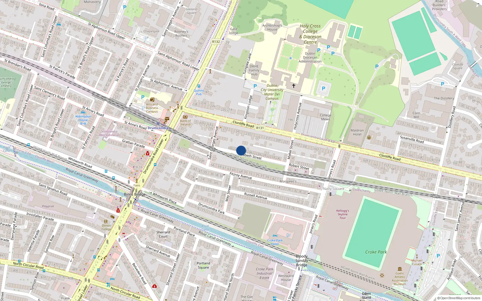 Overhead map showing the location of 46 Elizabeth Street, Dublin 3