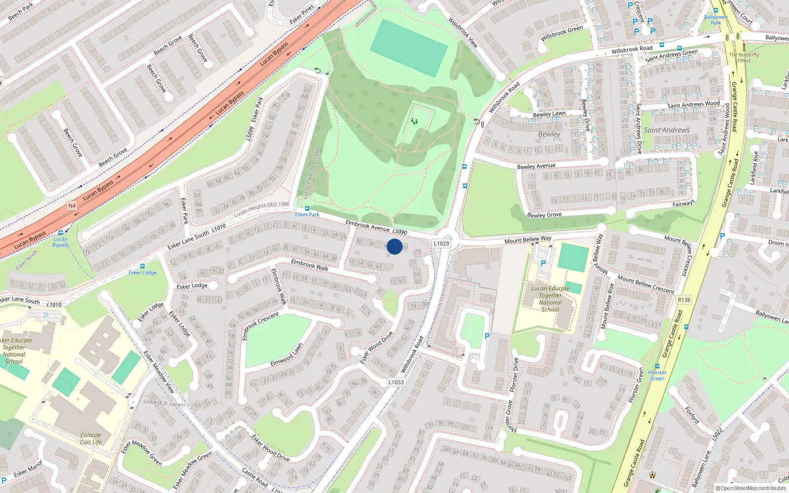Overhead map showing the location of 46 Elmbrook Avenue, Lucan, Dublin