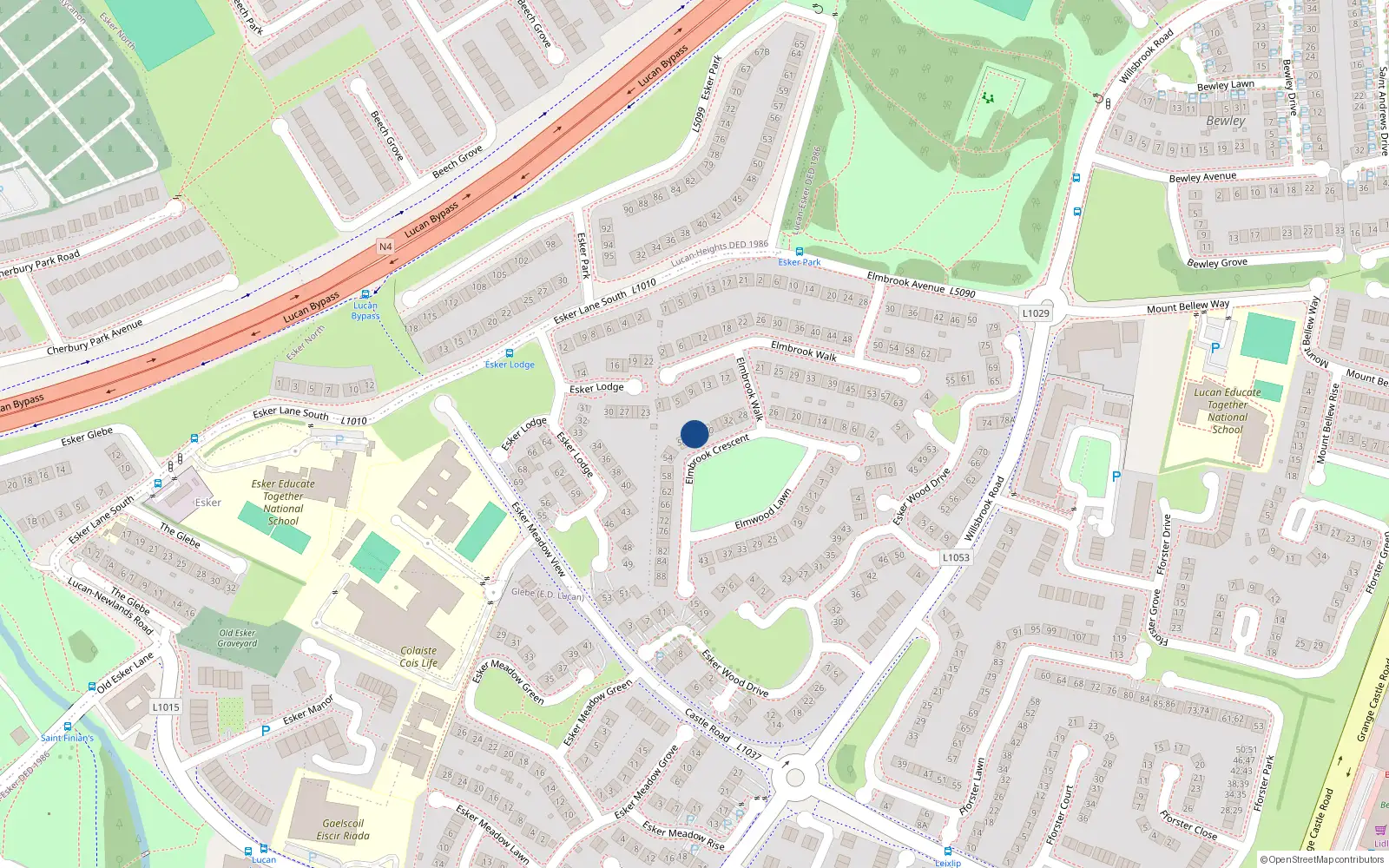 Overhead map showing the location of 46 Elmbrook Crescent, Lucan