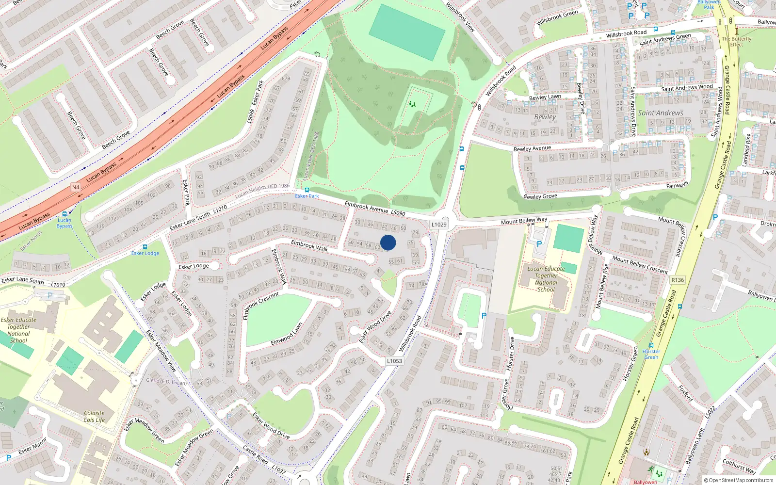 Overhead map showing the location of 46 Elmbrook Avenue, Lucan
