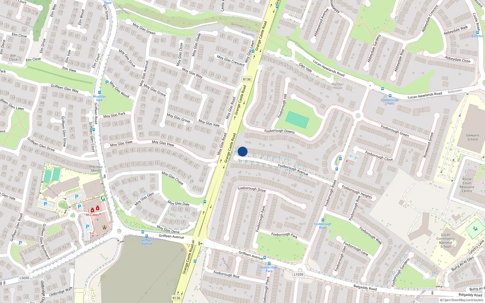 Overhead map showing the location of 46 Foxborough Avenue, Lucan, Dublin