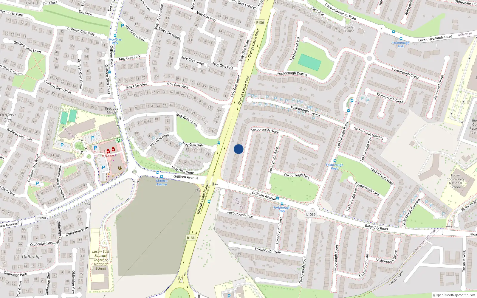 Overhead map showing the location of 46 Foxborough Drive, Lucan