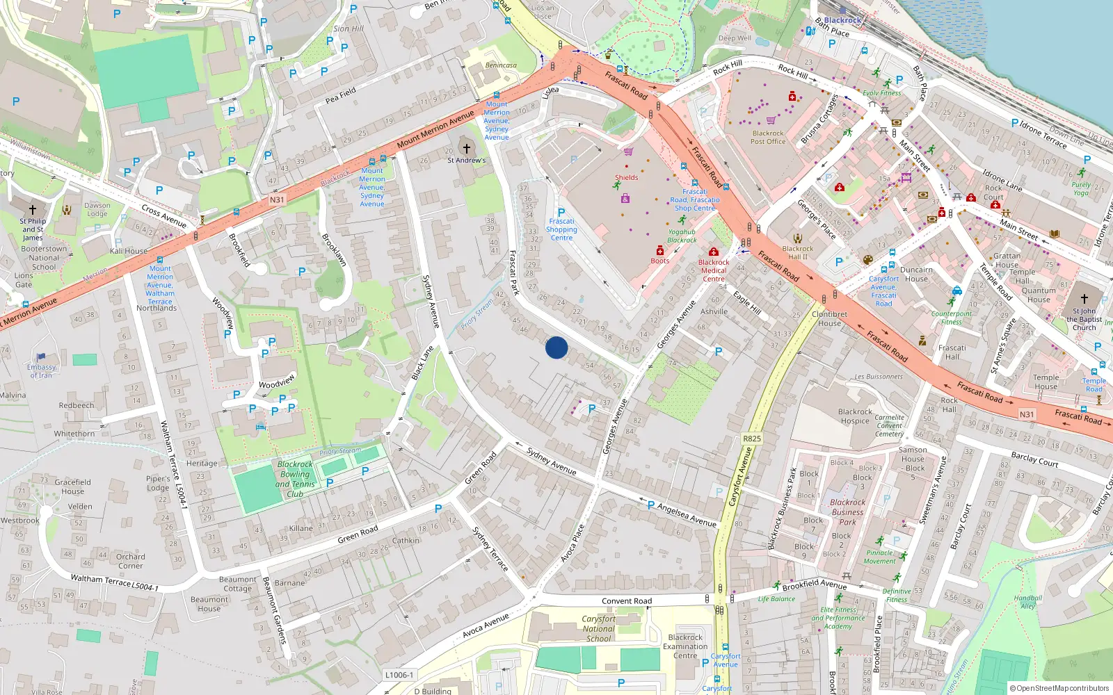 Overhead map showing the location of 46 Frascati Park, Blackrock, Dublin