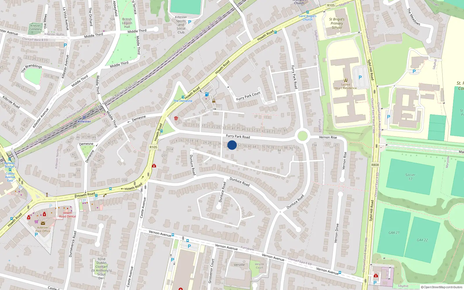 Overhead map showing the location of 46 Furry Park Road, Dublin 5