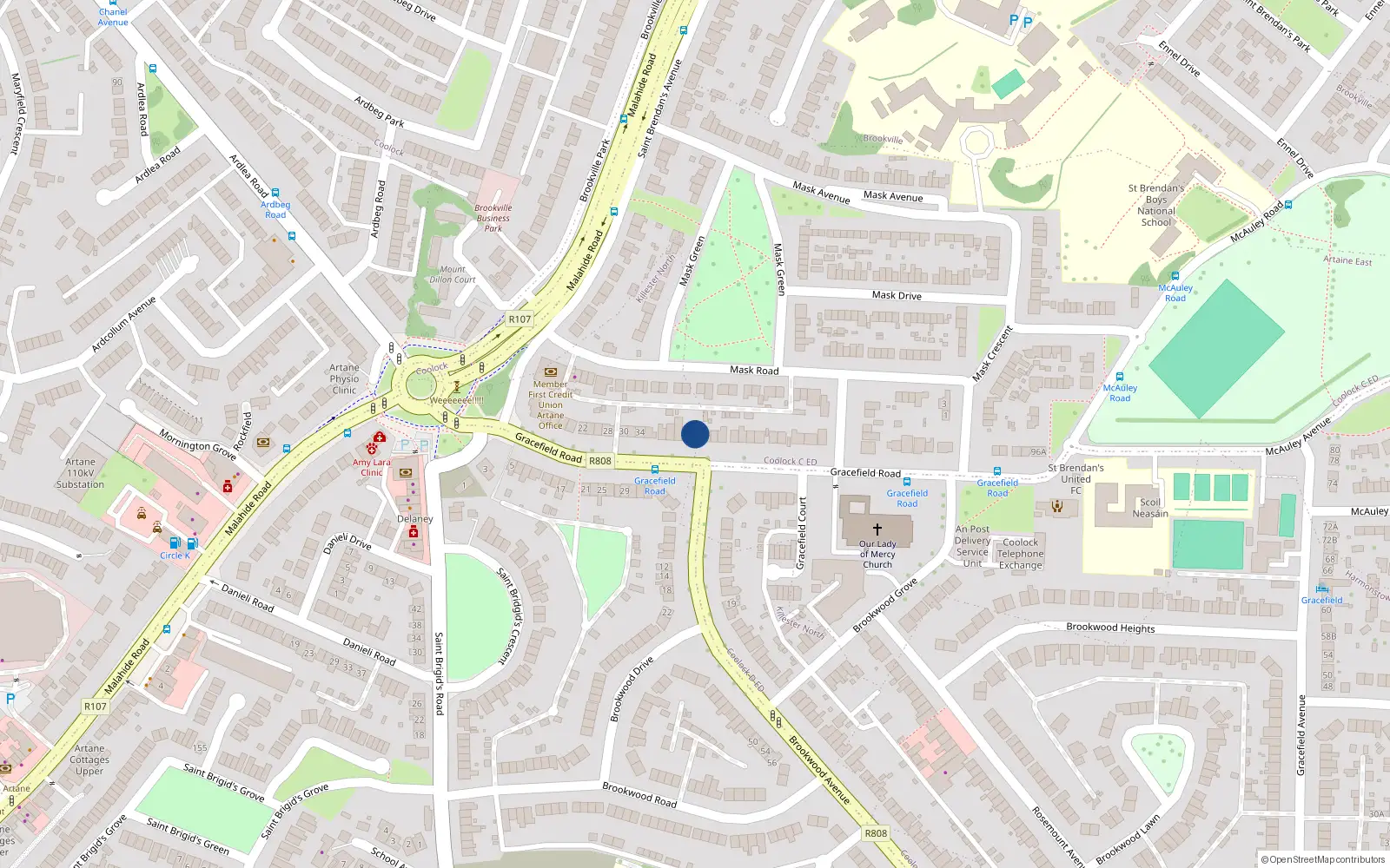 Overhead map showing the location of 46 Gracefield Road, Dublin 5