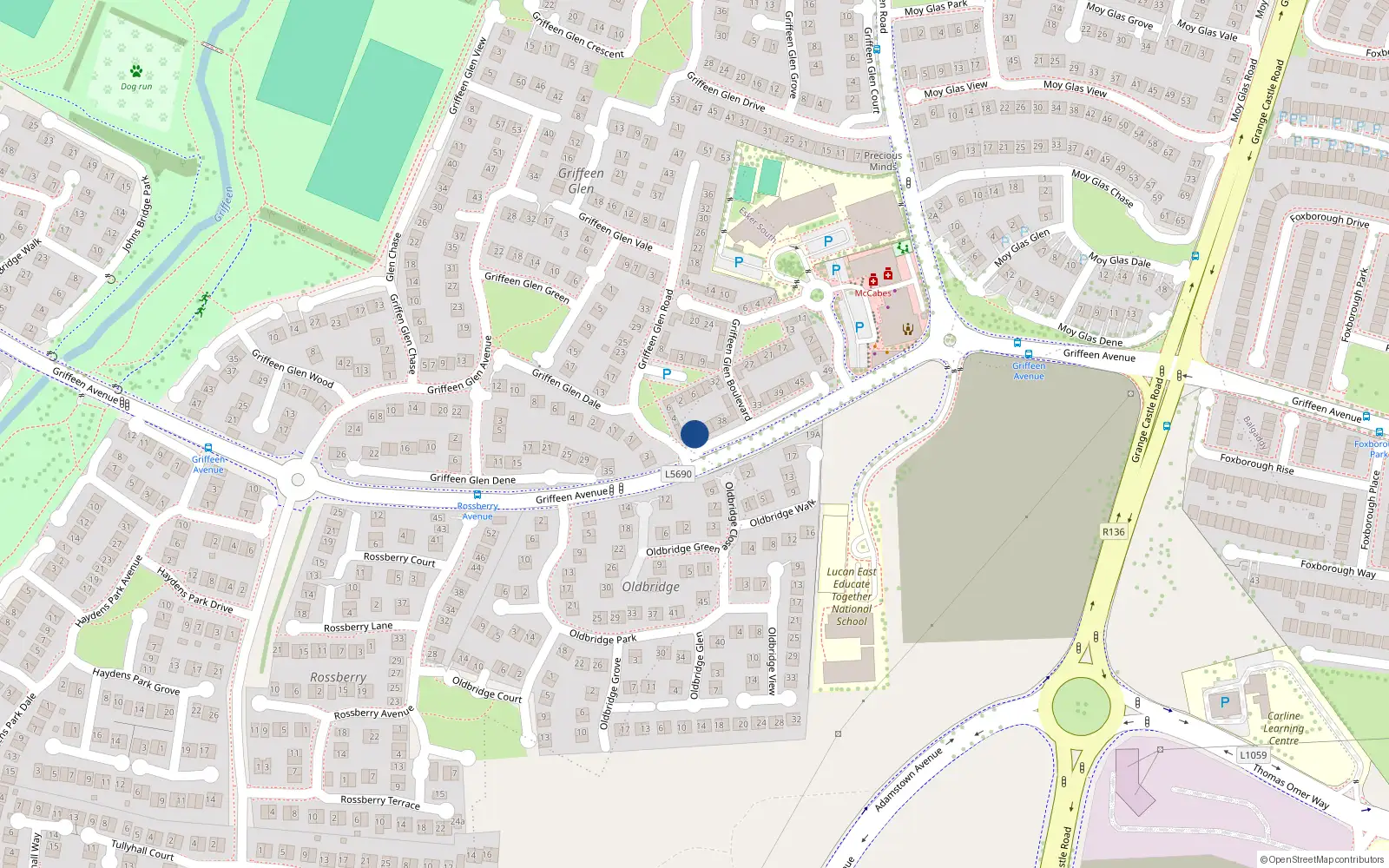 Overhead map showing the location of 46 Griffeen Glen Boulevard, Lucan