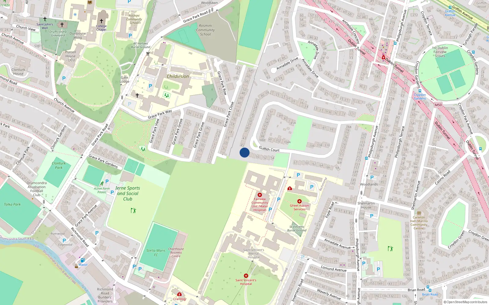 Overhead map showing the location of 46 Griffith Court, Dublin 3