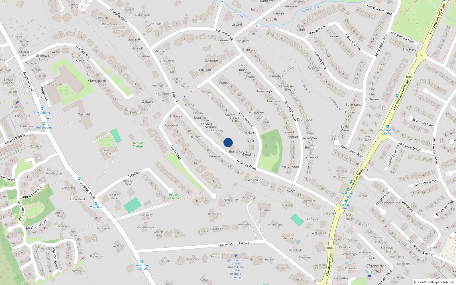 Overhead map showing the location of 46 Hainault Road, Dublin 18