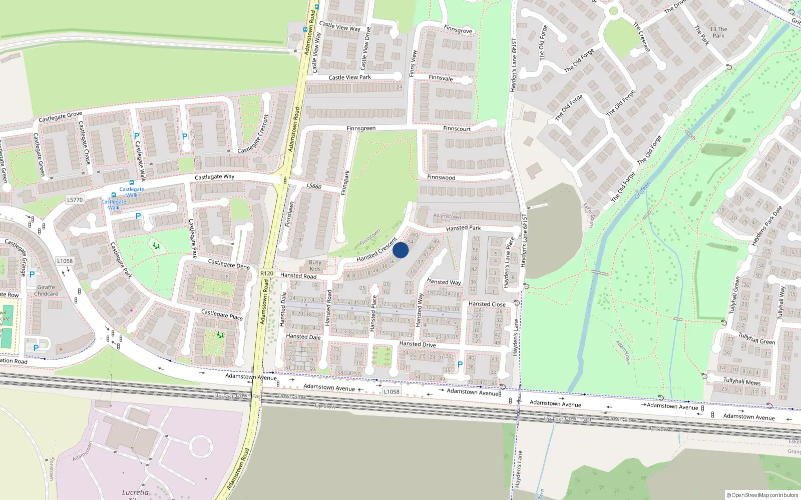 Overhead map showing the location of 46 Hansted Crescent, Lucan