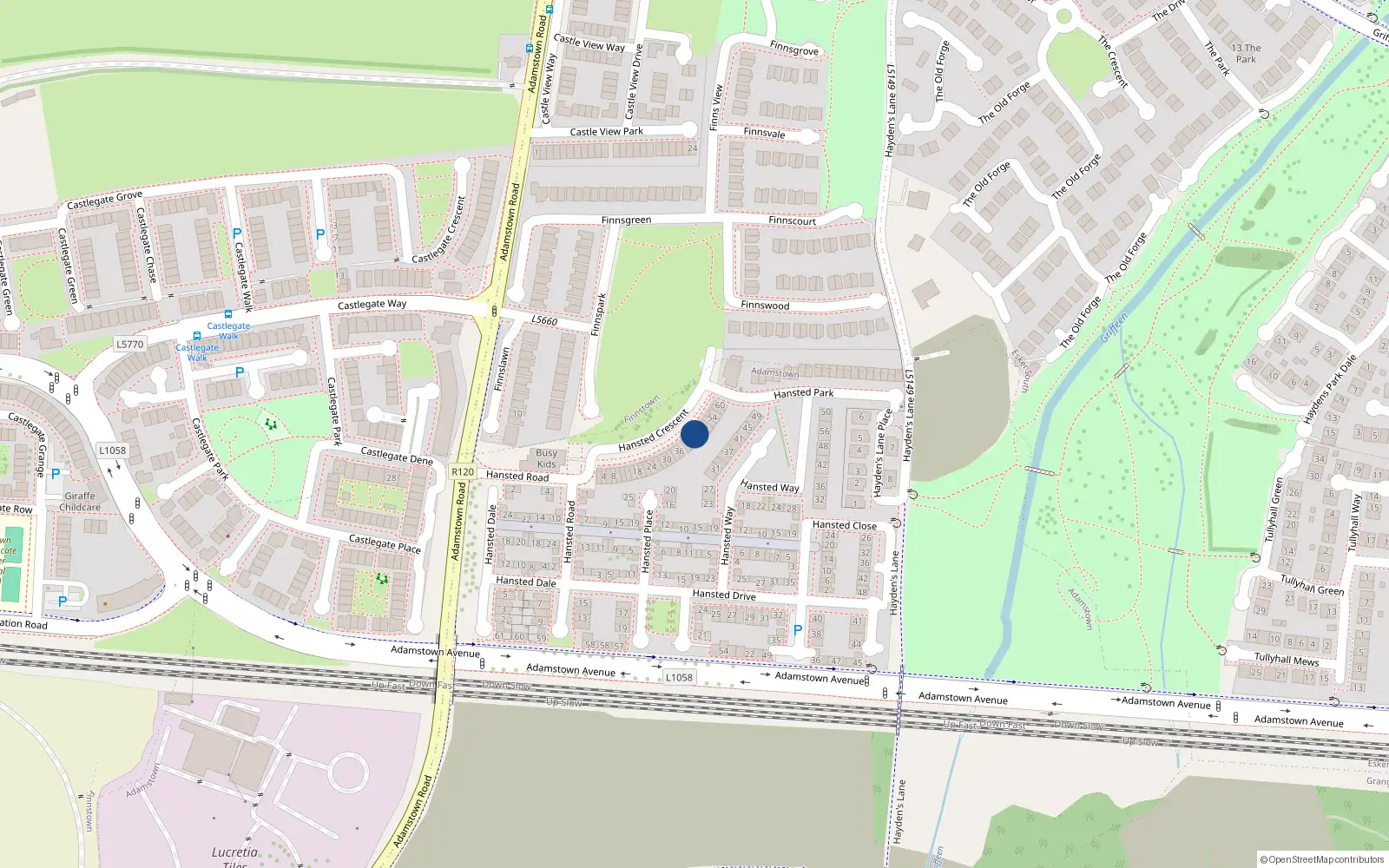 Overhead map showing the location of 46 Hansted Crescent, Finnstown, Lucan