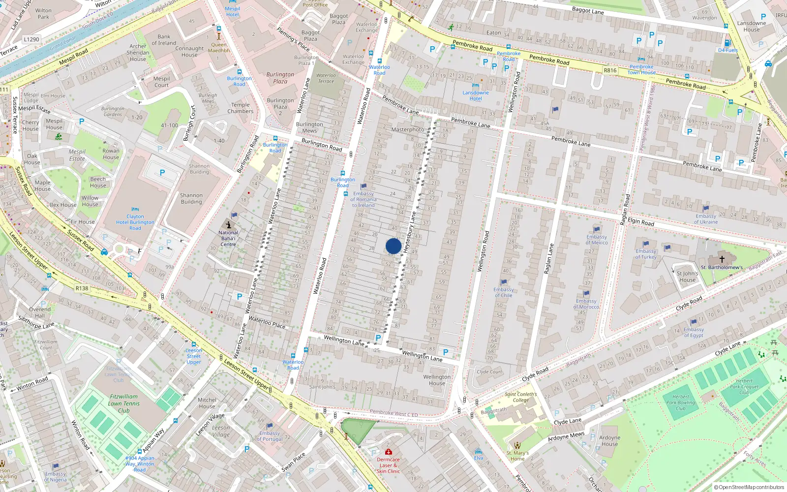 Overhead map showing the location of 46 Heytesbury Lane, Dublin 4