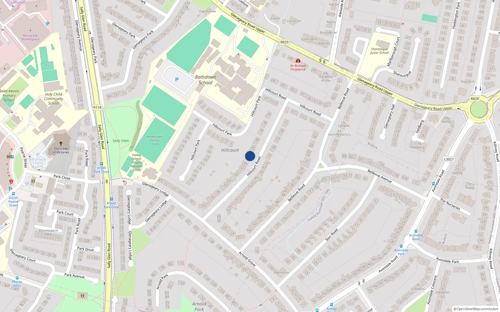 Overhead map showing the location of 46 Hillcourt Road, Dun Laoghaire