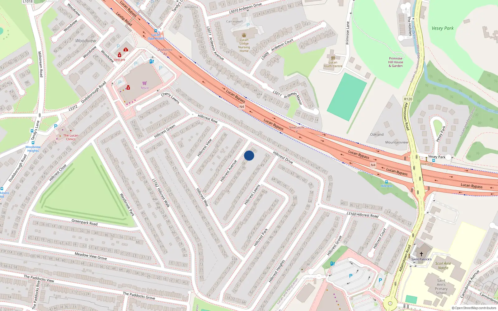 Overhead map showing the location of 46 Hillcrest Avenue, Lucan