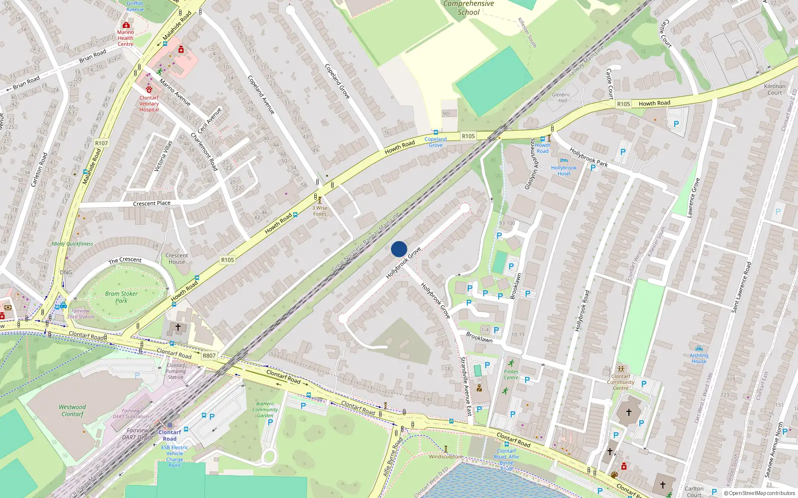 Overhead map showing the location of 46 Hollybrook Grove, Dublin 3