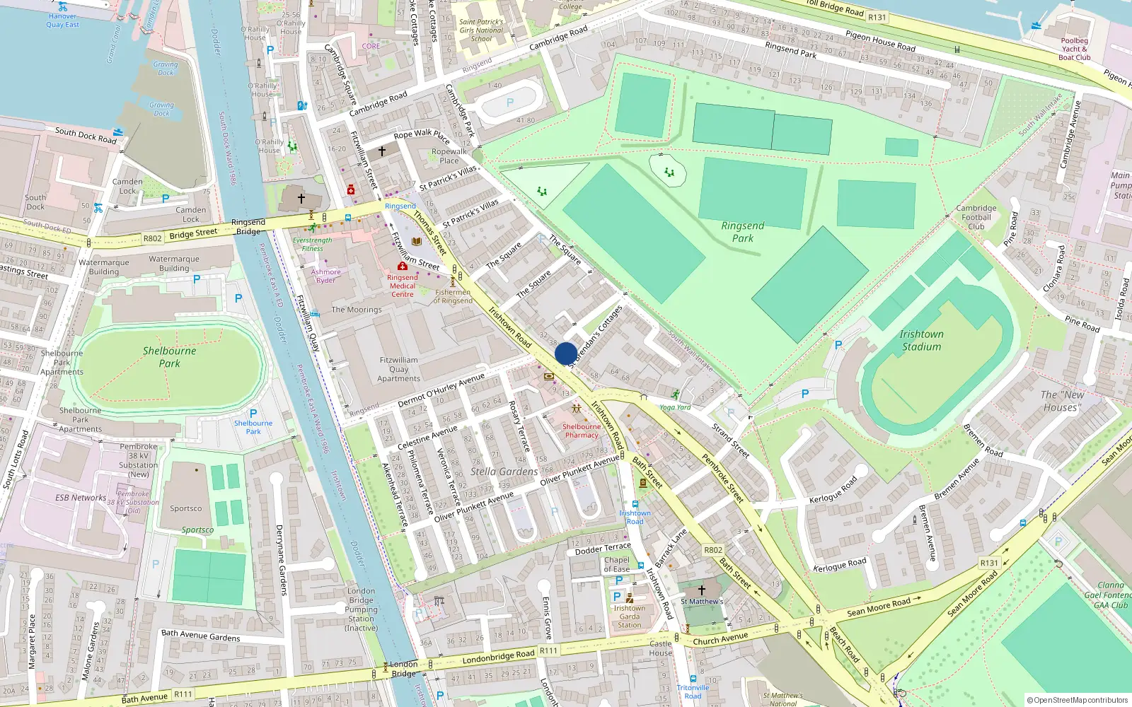 Overhead map showing the location of 46 Irishtown Road, Ringsend