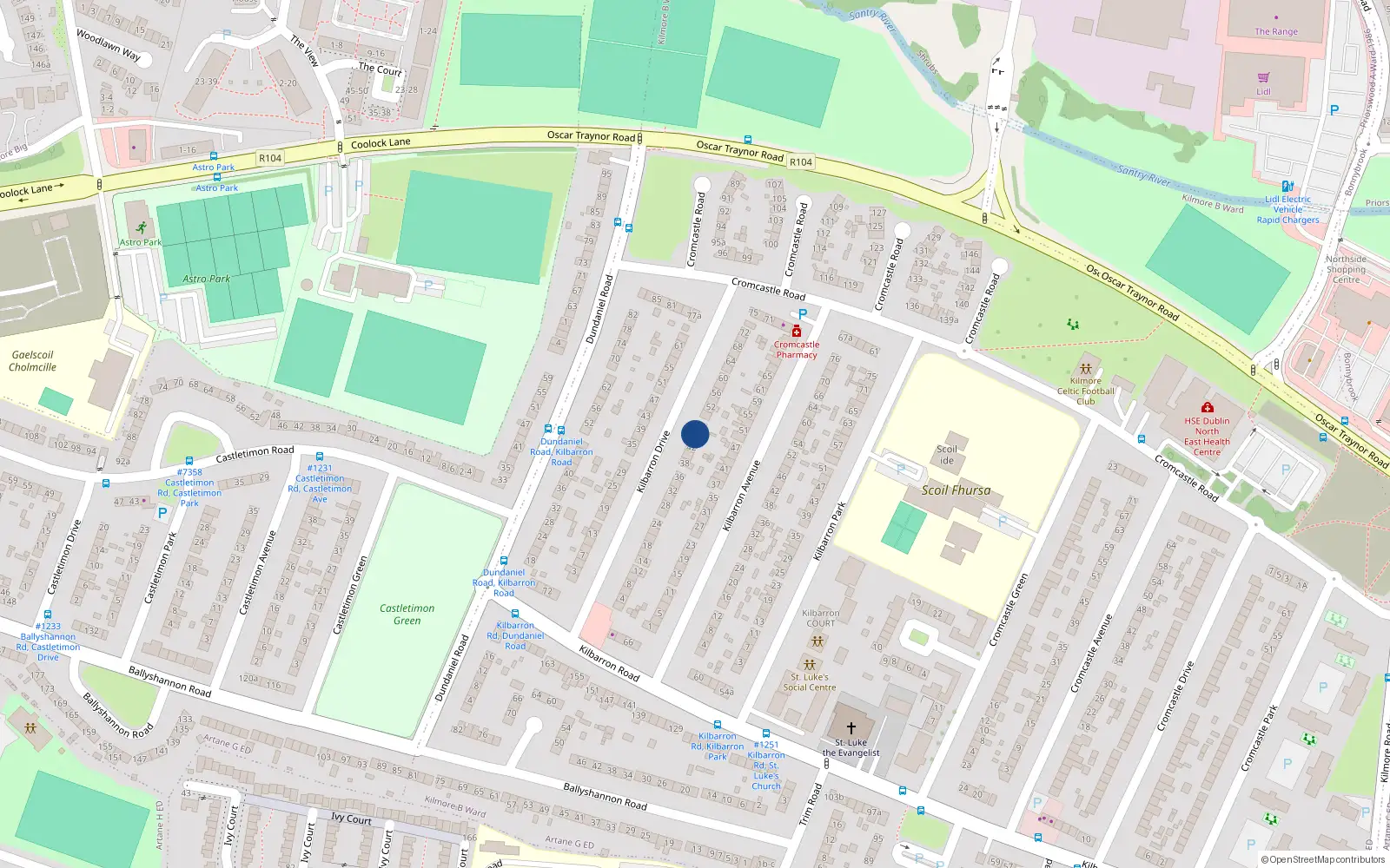 Overhead map showing the location of 46 Kilbarron Drive, Kilmore West, Coolock Dublin 5