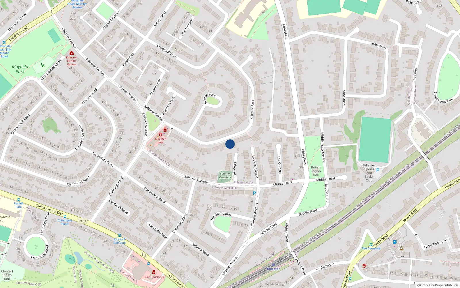 Overhead map showing the location of 46 Killester Park, Dublin 5