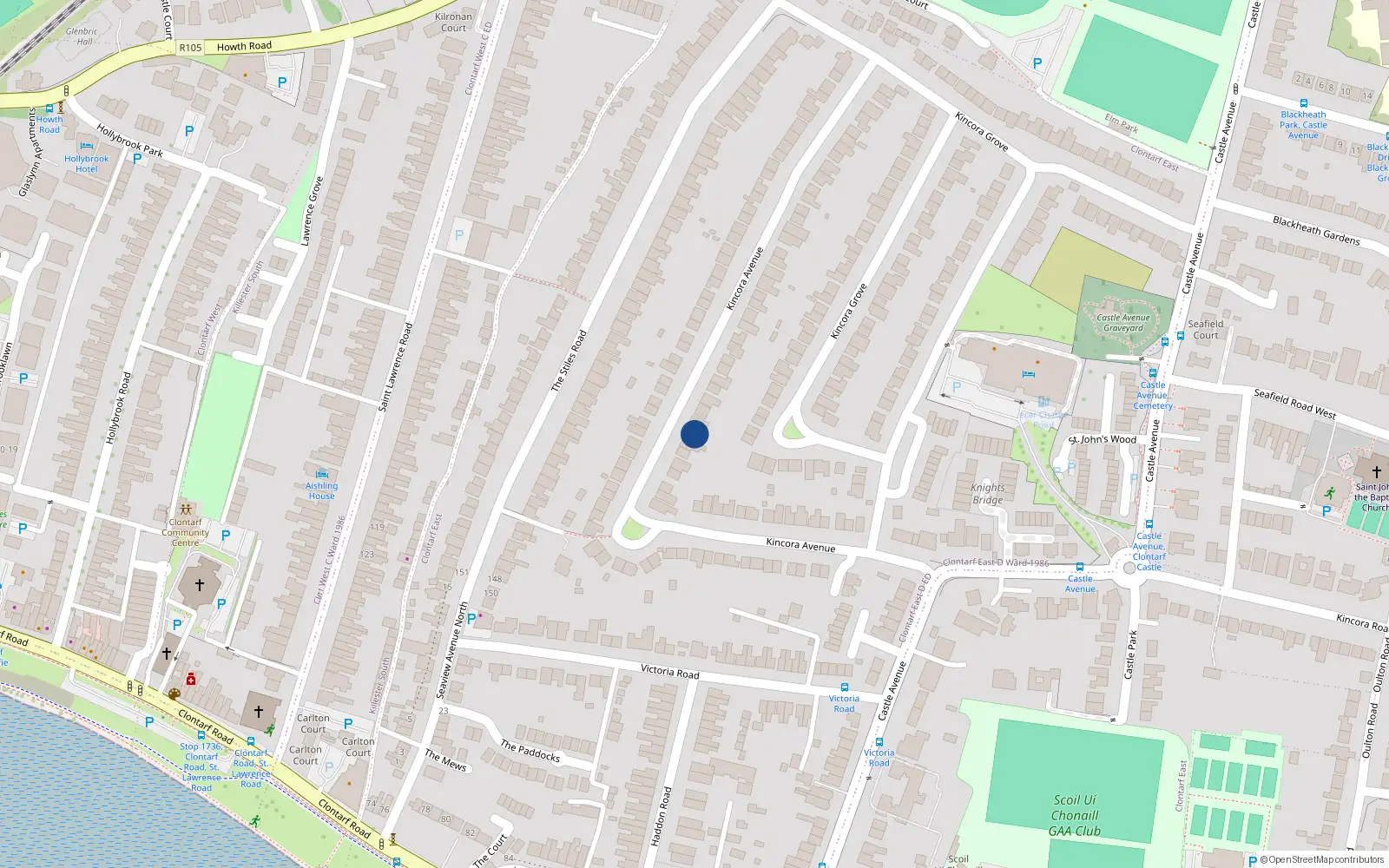 Overhead map showing the location of 46 Kincora Avenue, Dublin 3
