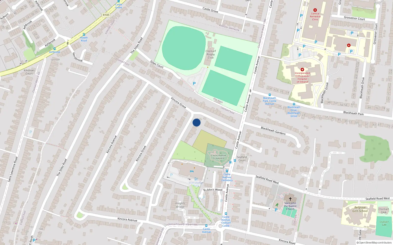Overhead map showing the location of 46 Kincora Grove, Dublin 3