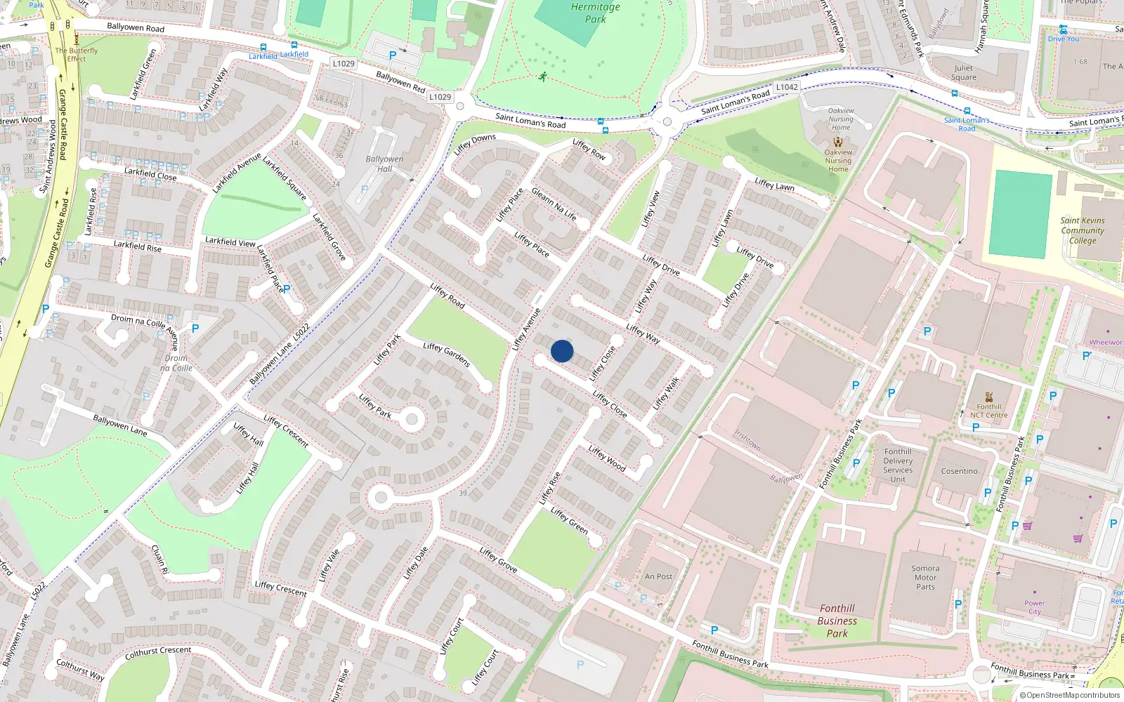 Overhead map showing the location of 46 Liffey Close, Lucan