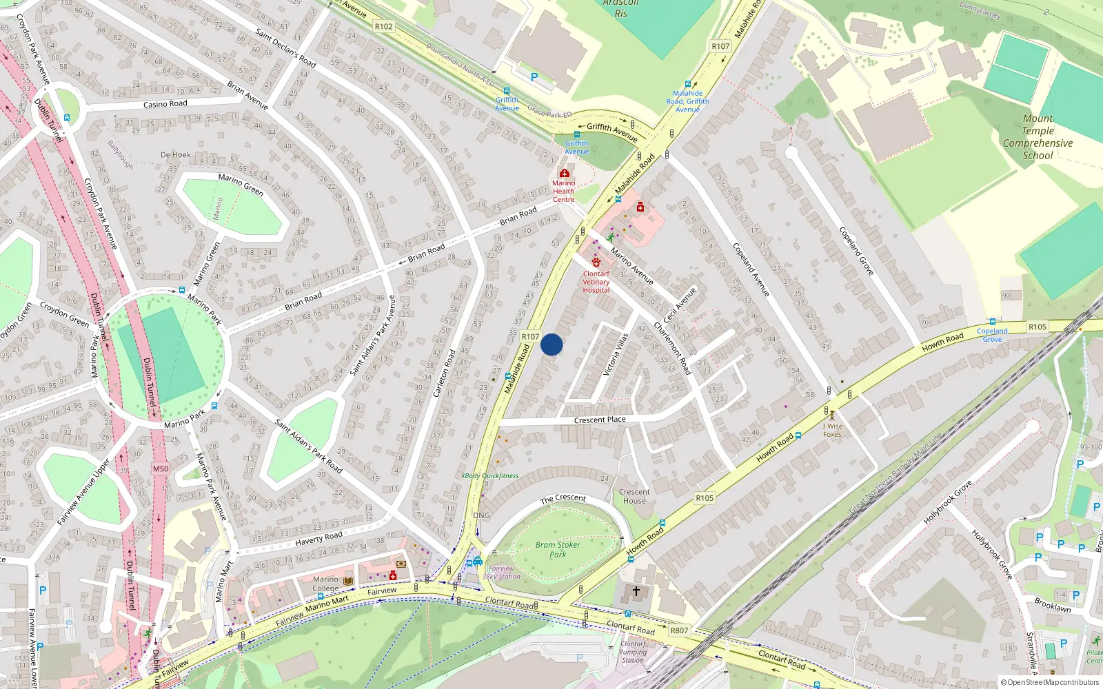 Overhead map showing the location of 46 Malahide Road, Clontarf, Dublin 3