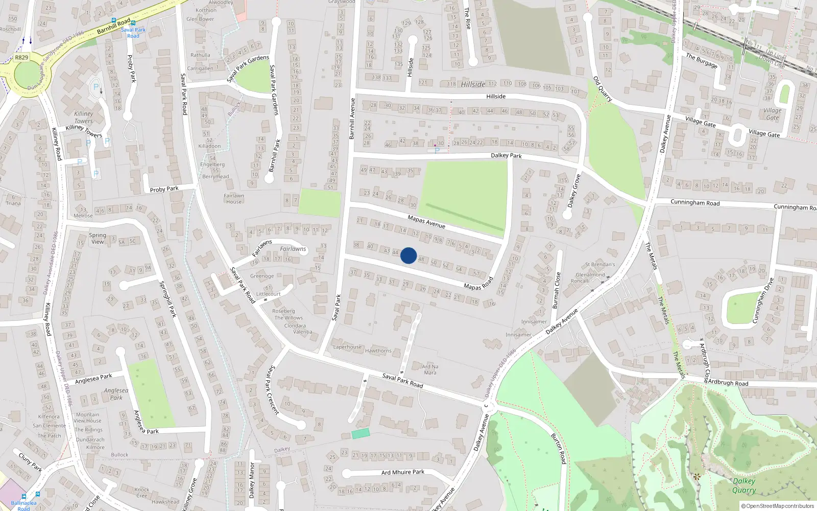 Overhead map showing the location of 46 Mapas Road, Dalkey