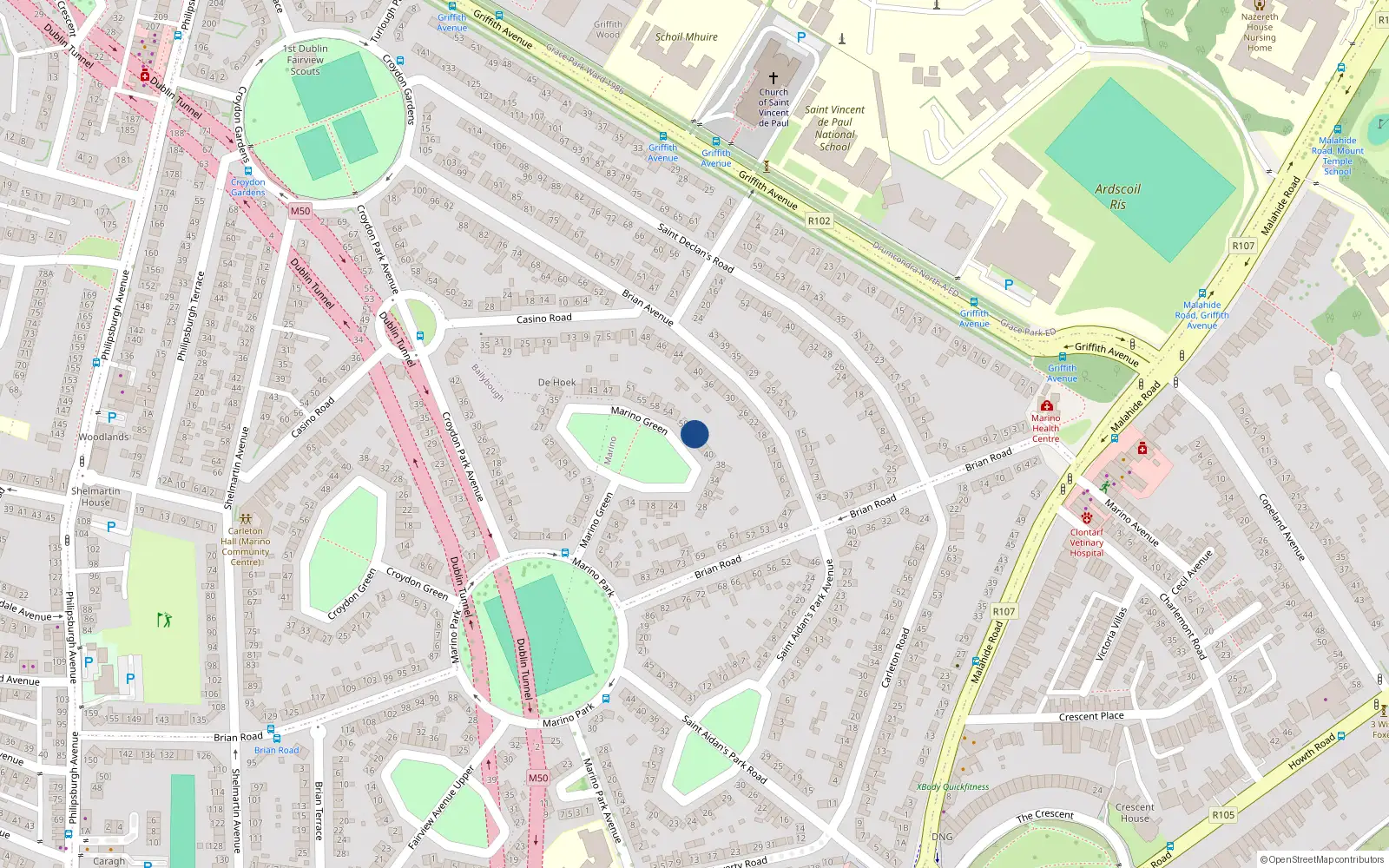 Overhead map showing the location of 46 Marino Green, Dublin 3