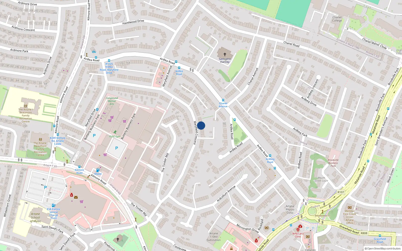 Overhead map showing the location of 46 Maryfield Crescent, Dublin 5