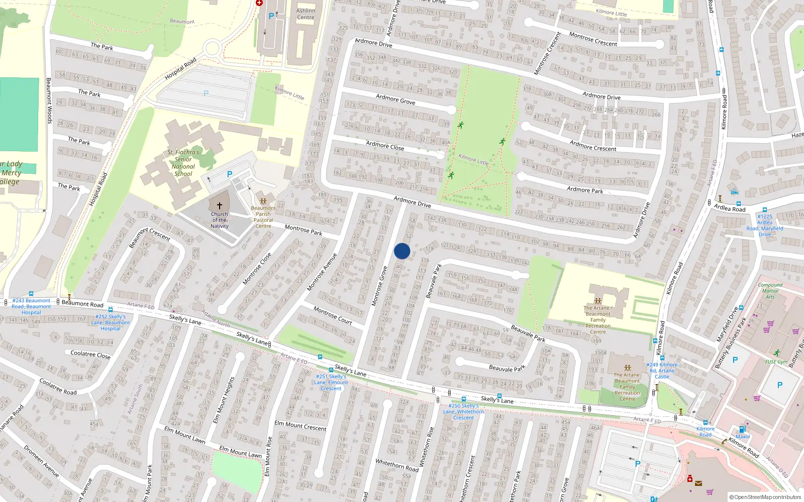 Overhead map showing the location of 46 Montrose Grove, Beaumont, Dublin 5