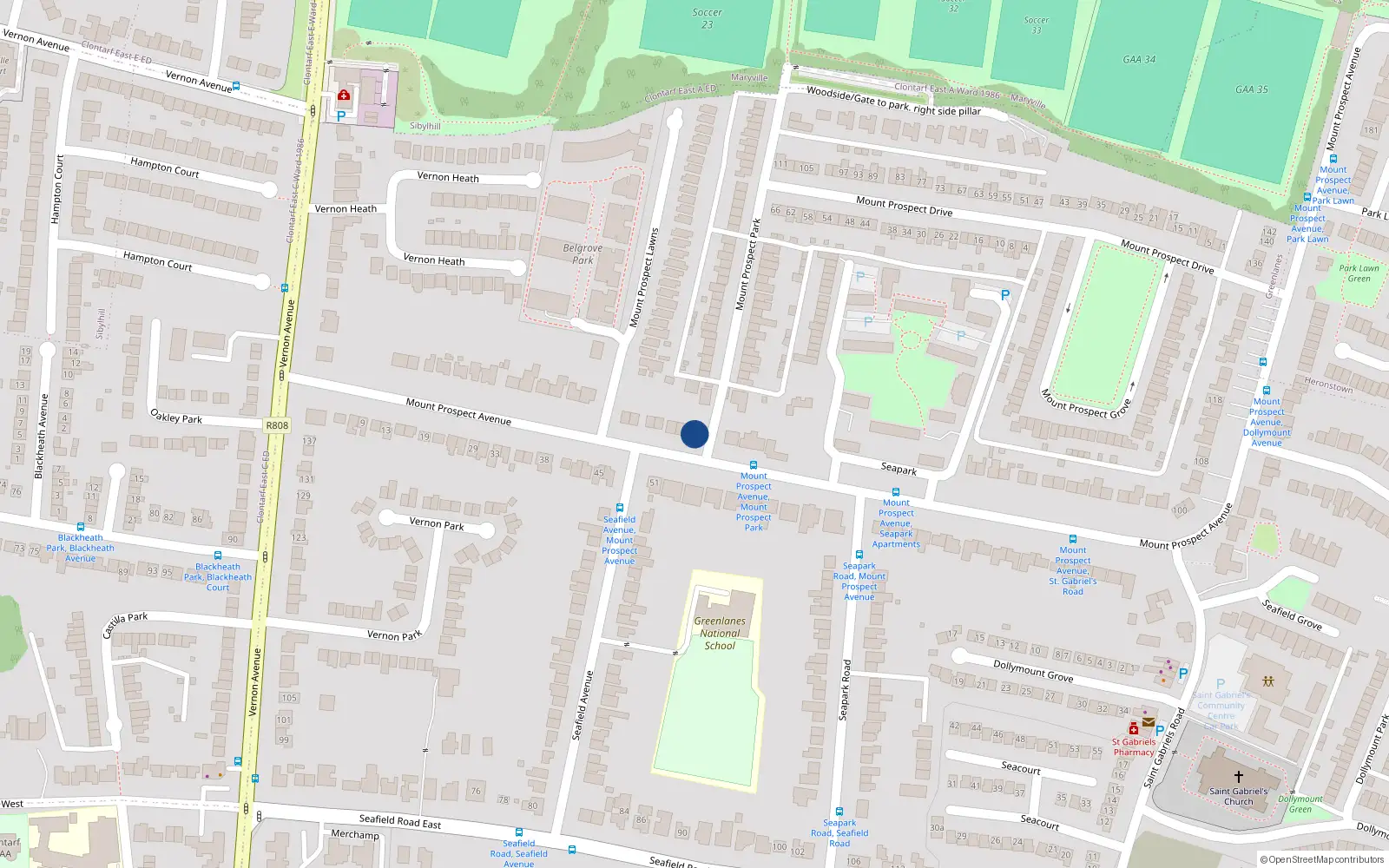 Overhead map showing the location of 46 Mount Prospect Avenue, Clontarf, Dublin 3