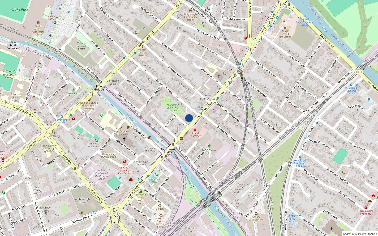 Overhead map showing the location of 46 North Strand Road, North Strand