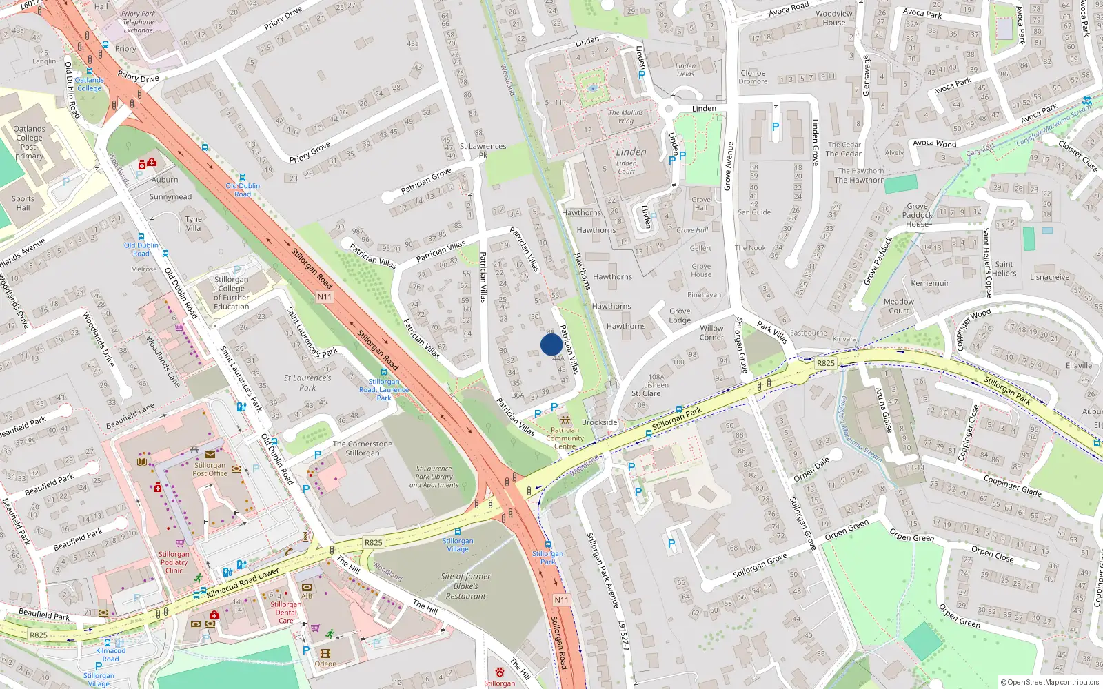 Overhead map showing the location of 46 Patrician Villas, Stillorgan, Blackrock