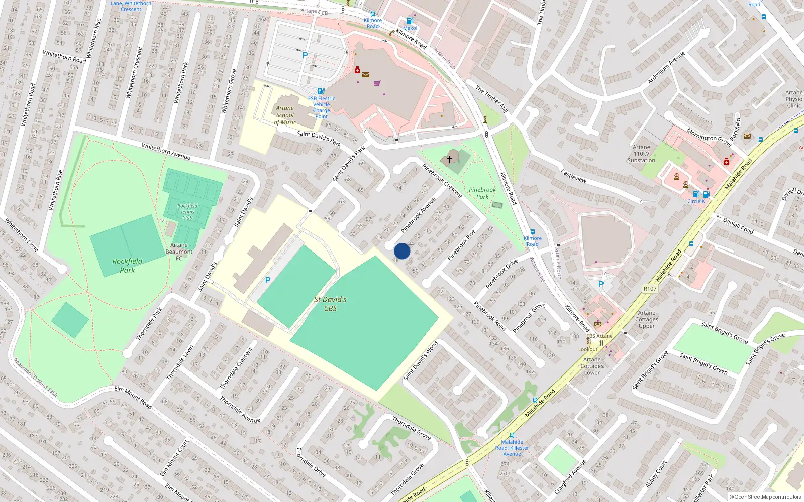 Overhead map showing the location of 46 Pinebrook Avenue, Dublin 5