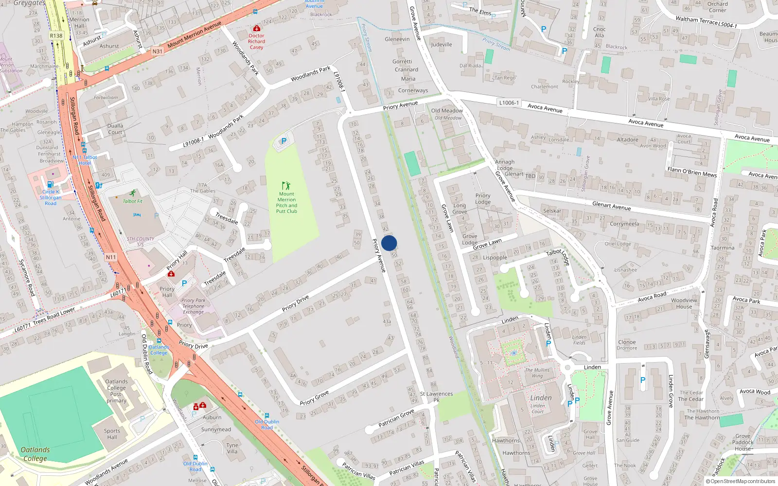 Overhead map showing the location of 46 Priory Avenue, Blackrock, Dublin
