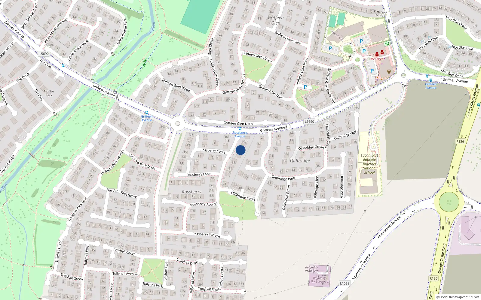 Overhead map showing the location of 46 Rossberry Avenue, Lucan