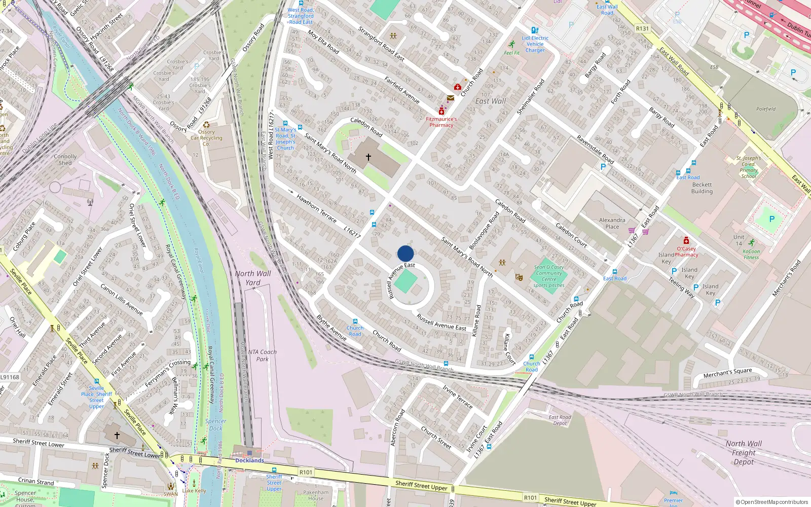 Overhead map showing the location of 46 Russell Avenue, East Wall, Dublin 3