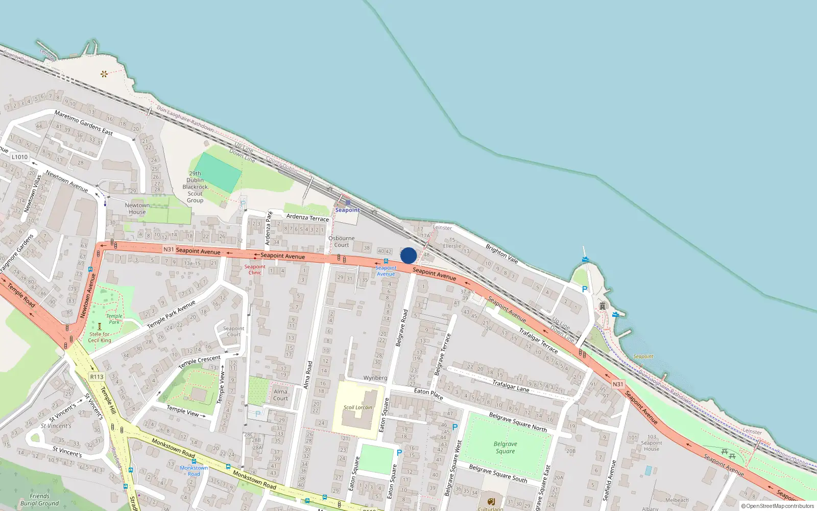 Overhead map showing the location of 46 Seapoint Avenue, Monkstown, Co Dublin